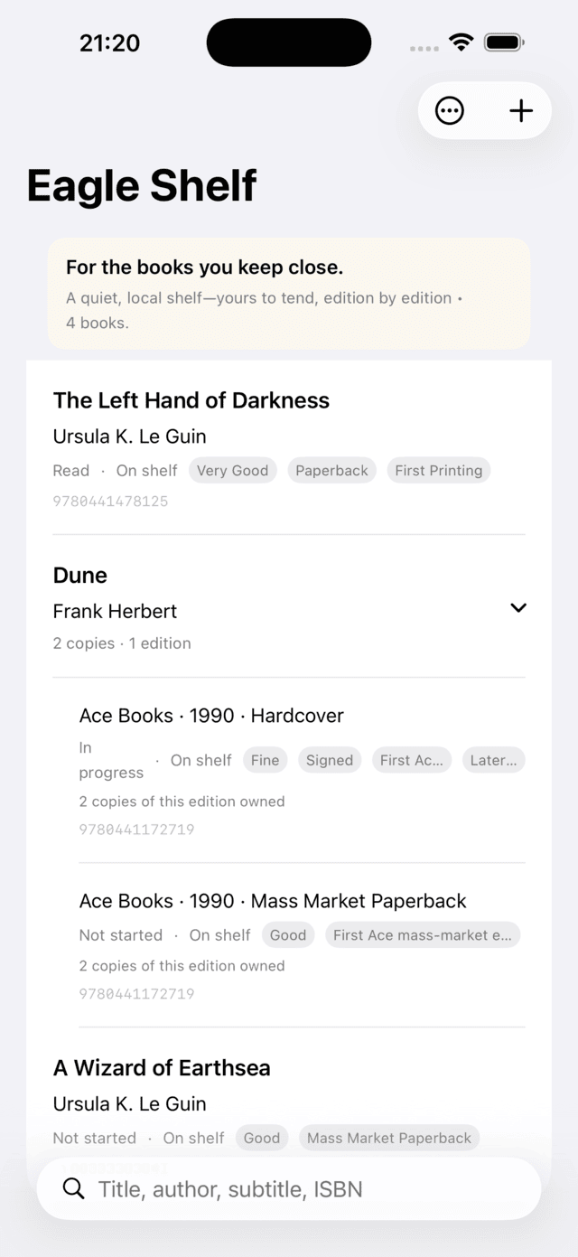 A Dune entry expanded to show two copies of one edition: an Ace Books 1990 hardcover marked Fine and Signed, and a mass-market paperback marked Good.