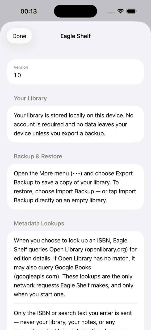 Eagle Shelf About screen stating the library is stored locally on the device, no account is required, and describing backup, restore and optional ISBN metadata lookups.