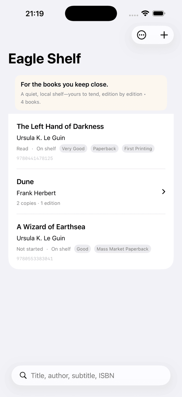 Eagle Shelf library list showing The Left Hand of Darkness, Dune and A Wizard of Earthsea, each with reading status, condition, format and printing.